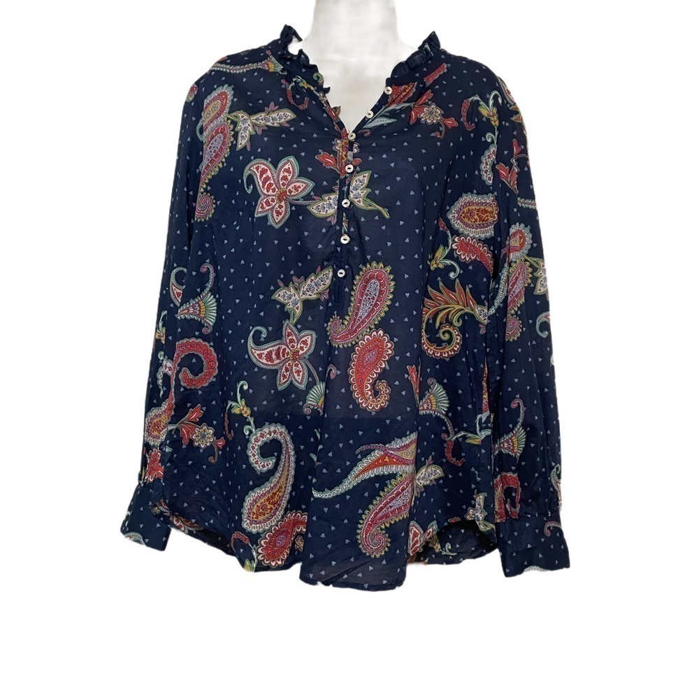 Talbots womens blue Navy Paisley Blouse shirt hearts cotton